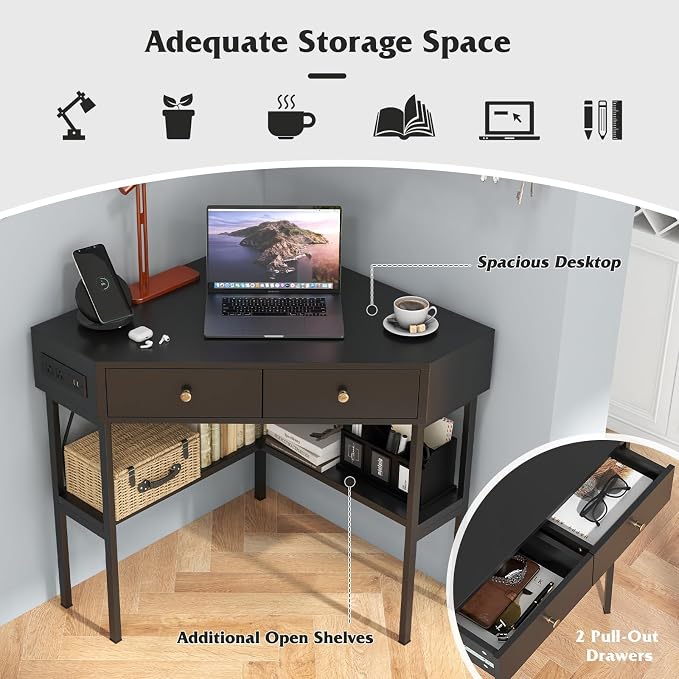 Tangkula Corner Desk with 2 Drawers & Built-in Charging Station, 90 Degrees Triangle Computer Desk for Small Space, Bedroom Makeup Vanity Desk with Storage Shelves, Corner Writing Desk