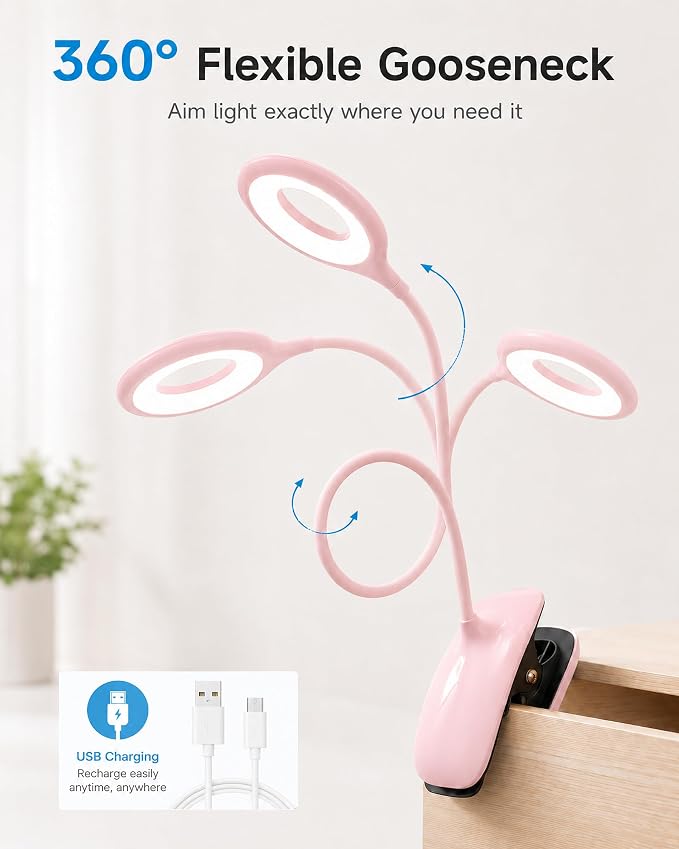 Clip On Reading Light for Bed Headboard, USB Rechargeable Cordless Clamp Lamp for Dorm Room Essentials, Touch Dim, 3 Colors, Eye Protect LED Desk Lamp for College Dorm Room, Gooseneck, Pink