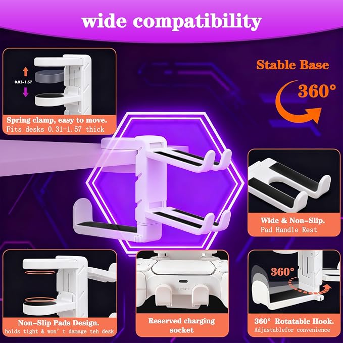 Rotatable Under Desk Headphone Hanger with 2 Controller Slots - 3-in-1 Gaming Accessory with Adjustable Clamp & Cable Organizer,for Home Gaming Xbox ps5 -White