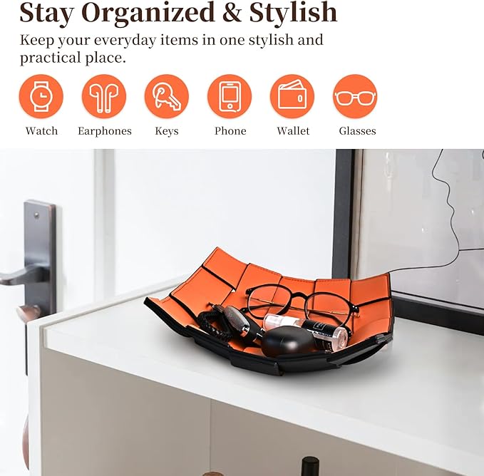 MSJGA Valet Tray PU Leather Key Holder Bowl for Women and Men Entryway Table Nightstand Desk Tray for Wallet, Keys Men's Gift - Orange & Black, 9.8" L x 9.8" W x 2" H