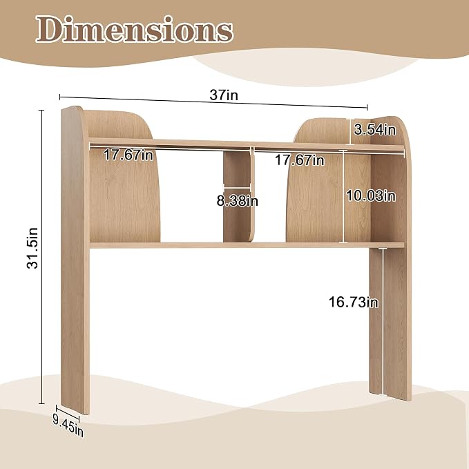 Wooden Desktop Bookshelf, 37" 3-Tier Rounded-Edge Desk Storage Organizer, Space-Saving Countertop Shelf for Office Dorm Home, Burlywood