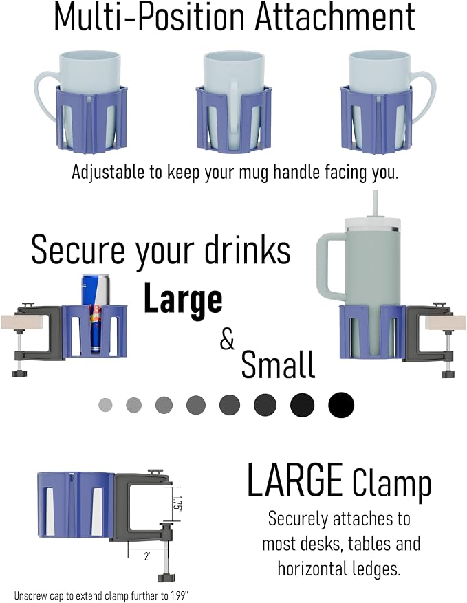 Original Large Desk Cup Holder Clamp Blue | Anti-Spill Mount, Multi-Directional Drink Holder, Headphone Hanger, For Table, Desks, Office & Gaming Setup, Blue