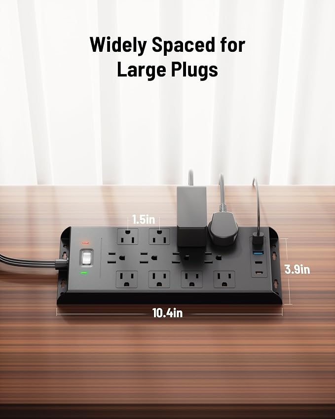 Surge Protector Power Strip 4800J, LeZone 15Ft Long Extension Cord Flat Plug, 12 Outlets 2 USB C 2 USB Ports, Wall Mountable, Desk Charging Station, Black
