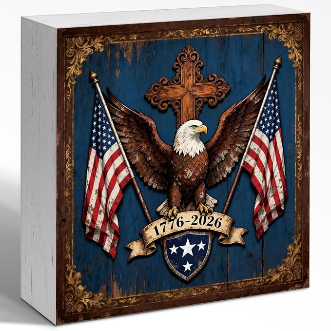 Patriotic Wooden Box Sign,1776-2026 Anniversary Eagle 4th Of July Signs Home Decor,Independence Memorial Day Block Sign for Desk Shelf Tabletop Decor