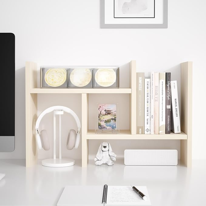 Jerry & Maggie Desktop Organizer Office Storage Rack Adjustable Wood Display Shelf Free Style Double H, Multi-Functional Mini Bookshelf for Desk Natural Stand (White Wood Tone)