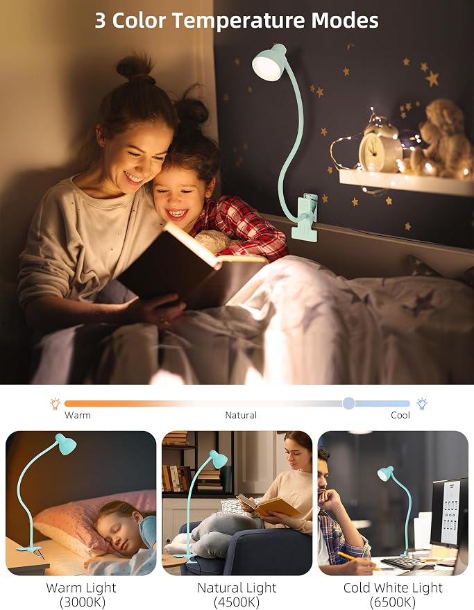 LiFMIRA Clip on Reading Light for Bed 3 Color Modes, 10 Brightness Dimmable, Flexible Gooseneck Clip on Lamp, Eye Care Clip Light for Bed Headboard Desk Home Dorm, Teal