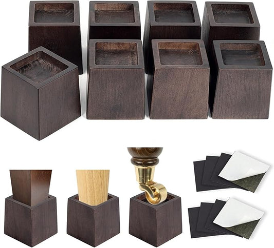 3 Inch Height Heavy Duty Wood Bed Risers – 8 Pack Wood Furniture Risers Extenders for Bed, Sofa&Table, Support Up to 2200lbs, Non-Slip Recessed Hole Furniture Lifts for Storage (Walnut Color)