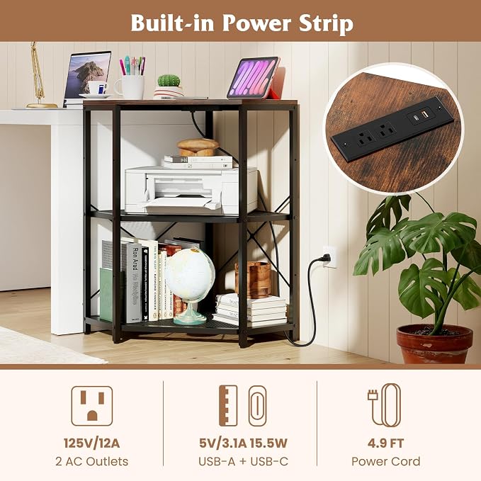 Tangkula Corner Printer Stand with Power Outlet, 3-Tier Storage Rack with Adjustable Metal Mesh Shelf, Freestanding Corner Table Computer Tower Holder for Home Office Living Room (Rustic Brown)