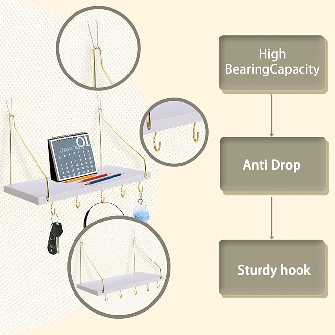 3-Pack Cubicle Shelf For Fabric Walls With Hooks：12x6.0in White Wooden Cubicle Shelf Hanging Organizer Gold Shelves Accessories Office Stylish Ations cubical Decorations For Women Desk work storage