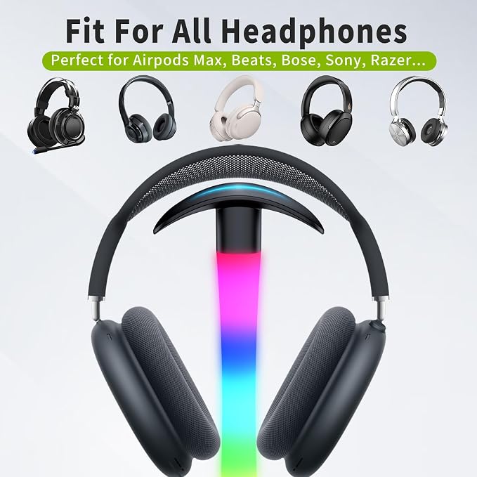 Headphone Stand with Charger,Gaming Headset stand with RGB Light Mode,For Airpod Max Stand,Desk Lamp,Phone Holder,Tablet Holder,desktop organizer,Gifts for Gamers & Music Lover(Black)