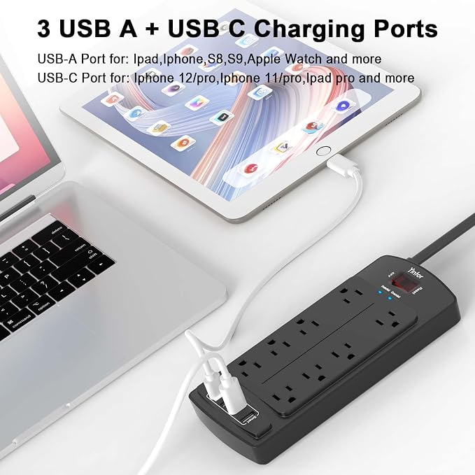 Surge Protector Power Strip, Yintar Flat Plug Extension Cord with 8 AC Outlets and 4 USB Ports, 6 Feet Power Cord, 2700 Joules, ETL Listed, Black