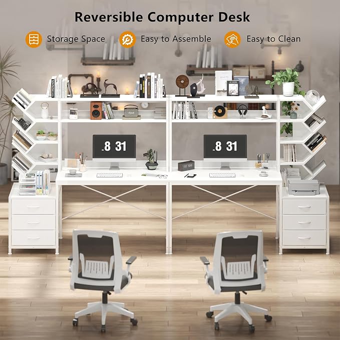 YOMILUVE Reversible Computer Desk with Hutch, Home Office Desk with Drawers and Bookshelf, 52'' Study Writing Desk with Storage Shelves for Bedroom Home Office, White