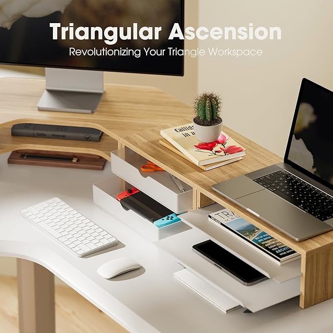 Fenge Dual Monitor Stand, 2-Tier Corner Monitor Riser with Drawer and Slide-out Tray, Triangle Desktop Shelf Organizer for Laptop Computer Printer Home Office Desk, Oak