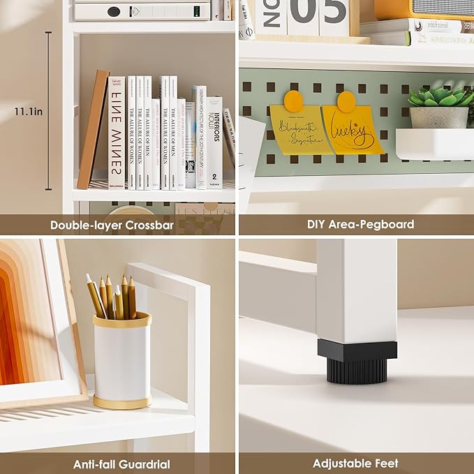 Brakki Desk Shelf, Desk Hutch Bookshelf, Desktop Shelf with Pegboard, White | L35.43", 2 Tier Bookcase, for Computer Monitor, Metal Desktop Hutch, Storage Organizer for Dorm Home Office