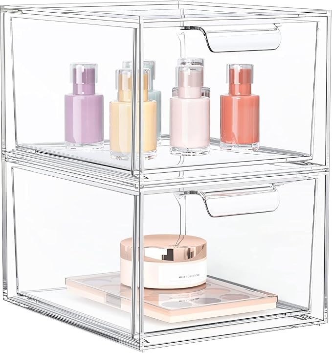 SpaceHacks 2 Pack Stackable Makeup Organizer and Storage, Acrylic Organizers，Clear Plastic Storage Drawer with Handles for Vanity, Undersink, Kitchen Cabinets, Pantry