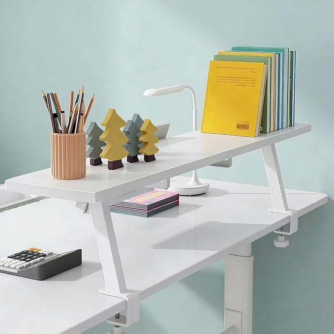 Clamp on Desk Shelf with Reading Stand 23.6x7.8in, Space-Saving Desktop Extender Klemmbares Schreibtisch Organizer Regal Adjustable Floating Desks Shelf for Office, Dorm, Home Desk Organization