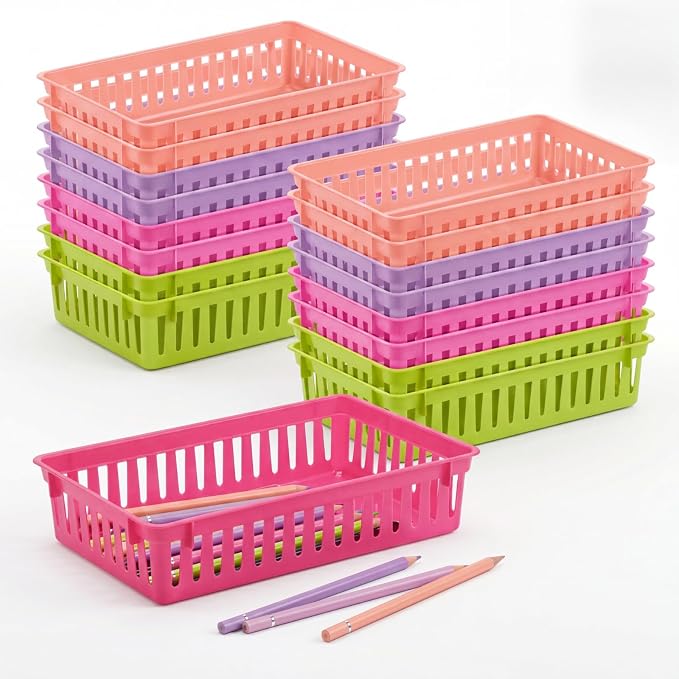Thenshop 16 Pcs Classroom Storage Baskets Classroom Pencil Organizer Bins Plastic Book Baskets for Library Plastic Storage Trays for Desk Drawer Home Office, 10.2 x 6.5 x 2.4 Inch (Fresh Color)