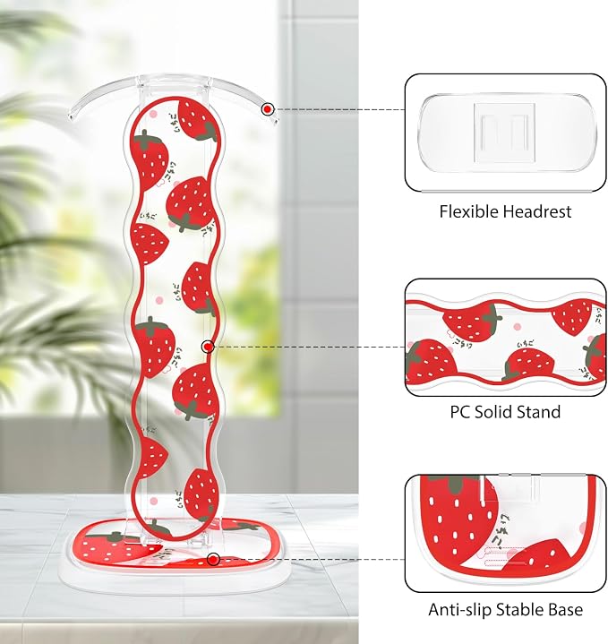 CamyCosy Headphone Stand Gaming Headset Holder for Desk,Clear Pretty Strawberry Flowers Pattern Cellphone Stand Earphone Stand Desk Accessories for All Headphones Size