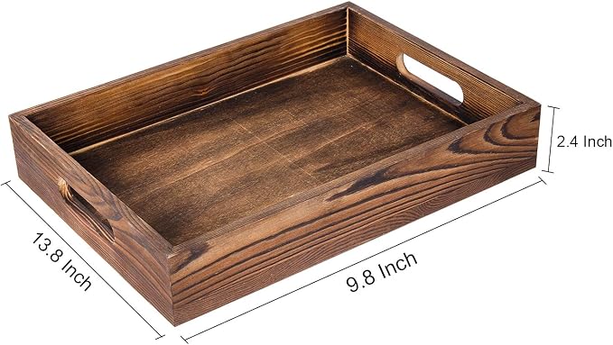 Rustic Brown Wood Food Serving Tray Cutout Handles Breakfast in Bed Coffee Wine Rectangular Ottoman Nesting Crate Tabletop Storage Box Desktop Document Holder Party Office Home Kitchen