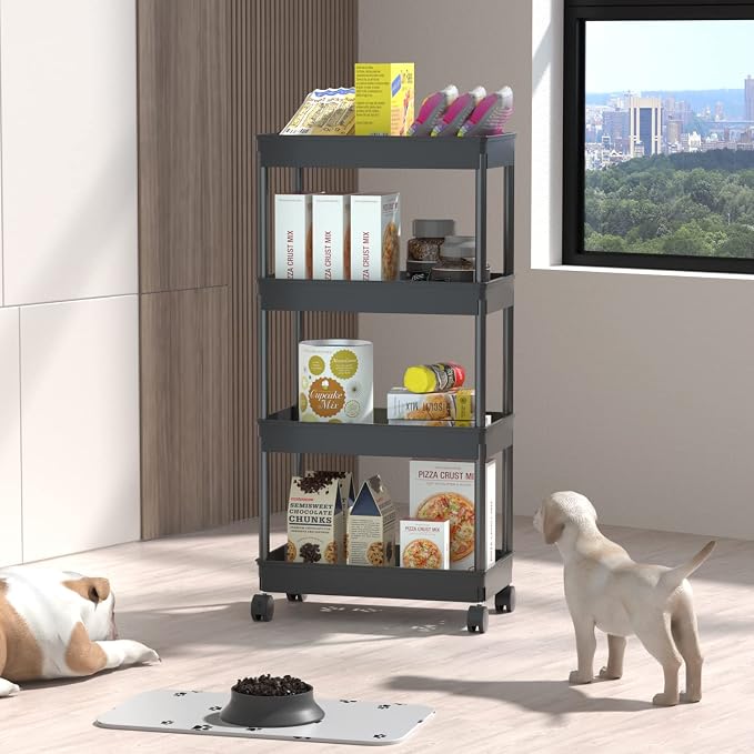 Sooyee 4 Tier Wide Storage Cart Mobile Shelving Unit Organizer Slide Out Storage Rolling Utility Cart Tower Rack for Kitchen Bathroom Laundry, Plastic & Stainless Steel, Black