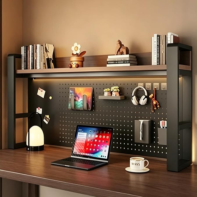 Desk Shelf Organizer with Pegboard & Storage Parts, 45kg Heavy Duty Desk Hutch, Desktop Storage Rack for Office & Home Office Shelves Black Shelf/Walnut Board (2-Tier) 53.2×10×26"