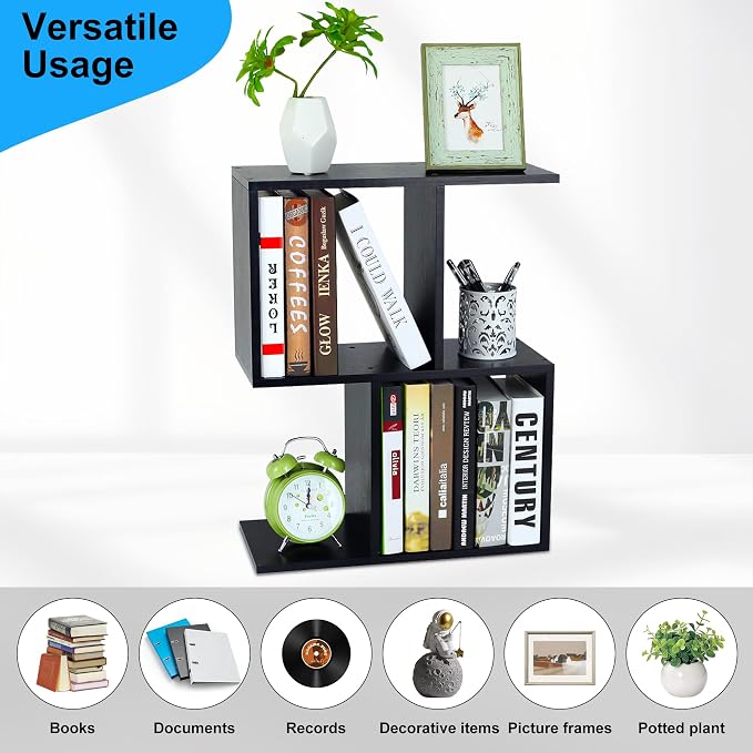 TQVAI 2-Tier Desktop Bookshelf, Freestanding Multipurpose Wood Desk Top Organizer for Books, Office Supplies, Plants, Photo Frames, Small Open Storage Shelves for Office Home Dorm, Black