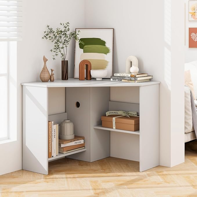 SlickBlue Corner Computer Desk with Triangle Design and Storage Shelf for Space-Saving
