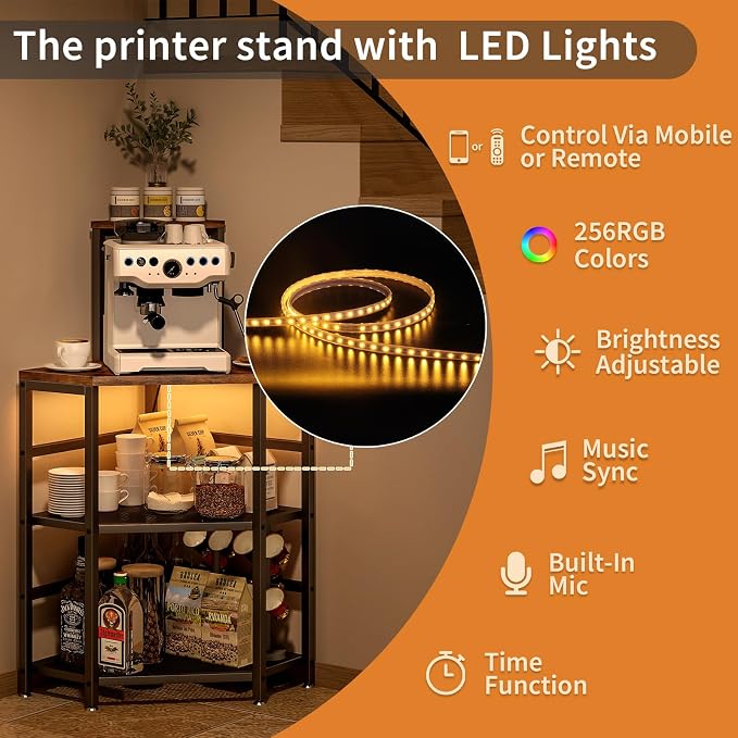 METYERRY 4-Tier Corner Printer Stand, Printer Table with Built-in Power Outlet and LED Lights, Multipurpose Corner Table with Grid Storage Shelf for Home and Office,Rustic Brown