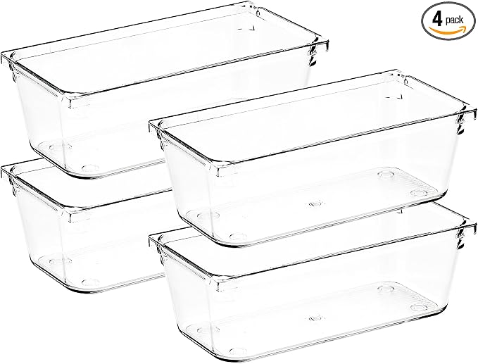 4 Pack Drawer Organizer - 3" X 6" Clear Acrylic Storage Bins with Non-Slip Pads, Versatile Desk Tray for Makeup, Jewelry, Kitchen, Bathroom, and Office Organization