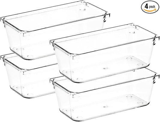 4 Pack Drawer Organizer - 3" X 6" Clear Acrylic Storage Bins with Non-Slip Pads, Versatile Desk Tray for Makeup, Jewelry, Kitchen, Bathroom, and Office Organization