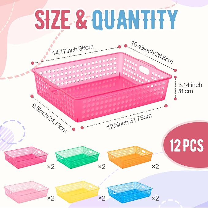 Geetery 12 Pack Classroom Storage Baskets with Handle 14''x10'' Paper Tray Holds A4 Turn in Trays Plastic Paper Baskets Desk Organizer Bin for Classroom, Library, Office, Home (Translucent Colors)