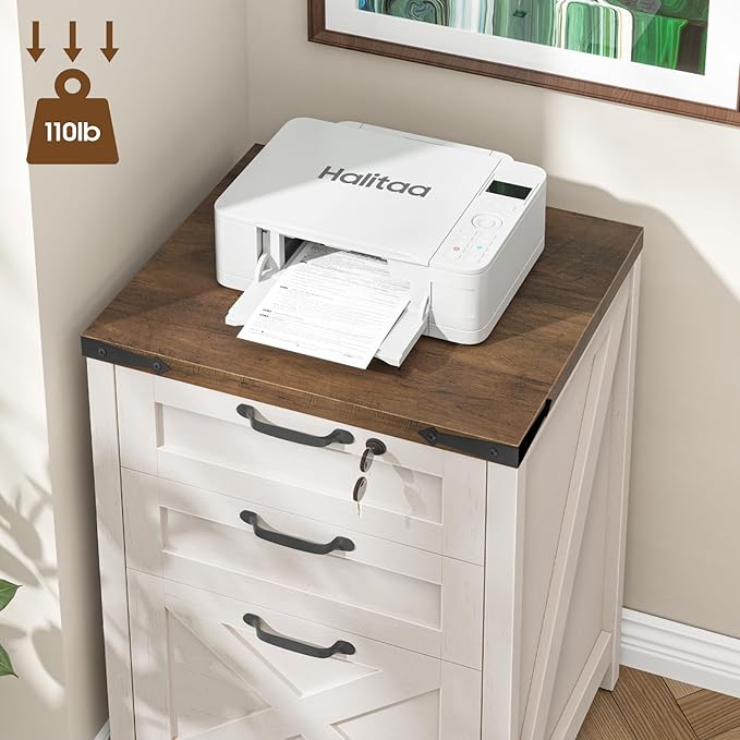 Halitaa 3 Drawer Small File Cabinet with Lock, Farmhouse Vertical Filing Cabinet Fits Letter and A4 Size, Under Desk Wooden File Cabinets for Home Office, Printer Stand, Rustic White