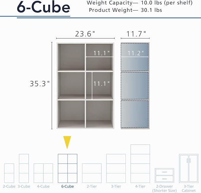 Homes: Inside + Out Apexa 6-Cube Storage Organizer Shelves, Stackable Wood Bookcase Fits Cubby Bins for Organization, Dorm Teen Room Decor & Home Office, Taupe Grey