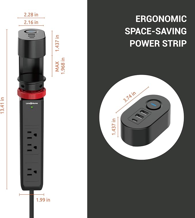 Link2Home Clamp-On Desk Power Strip with 3 Outlets, 3 USB Ports (20W PD Type-C), 6 Ft. Cord, Overload Protection, No Installation Required