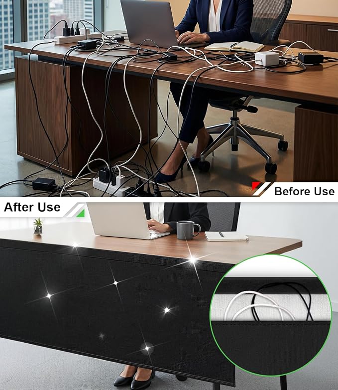 Under Desk Privacy Panel with Table Cable Management, 60 Inch Desk Skirt Modesty Desk Panel with Self-Gripping Straps for Office Home, Premium Silver-Plated Interior to Provide Better Privacy