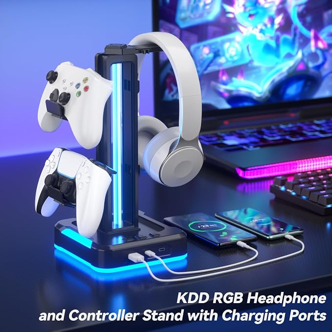 KDD RGB Headphone and Controller Stand with 2 Type-C and 1 USB Ports - Headset Stand with 9 Light Modes - Controller Headset Holder for Desk - Gaming headphone Holder for Gift and PC Room Accessories