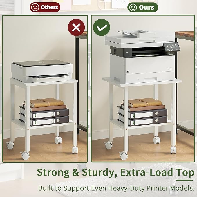 2 Tier Printer Stand with Storage, Under Desk Printer Table, Space-Saving Printer Table with Locking Wheels, Rolling Printer Cart for Home Office, White