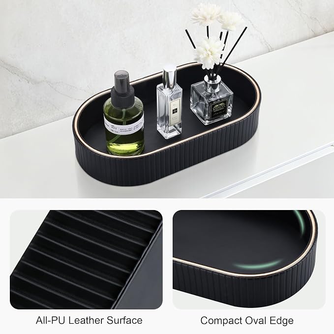 GORESE PU Leather Valet Tray Nightstand Organizer, Oval Perfume Trays Key Bowl Jewelry Dish for Bedside Dresser Entryway Table, Vanity Tray for Bathroom, EDC Trays for Men Women, 11×5.9 in, Black