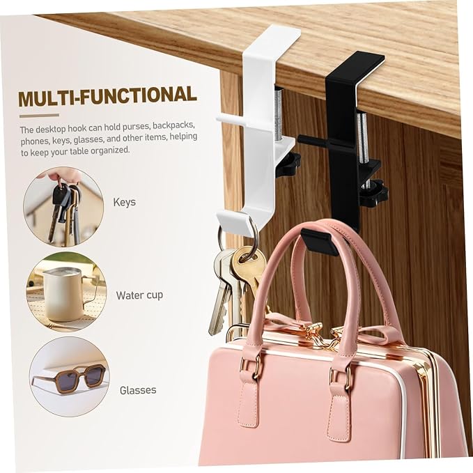 3PCS Desk Mount Bag Holder Hook Clamp,On Backpack Hanger Portable Desk Mount Headphones Holder for Reduce Desk Clutter Table Desk Table Hanging Storage (White)