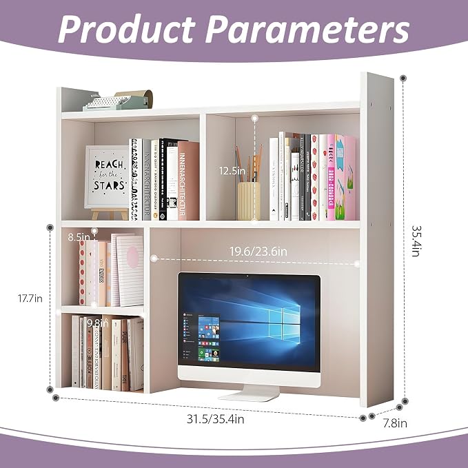 Desk Hutch Dorm, Desktop Bookshelf Organizer, Multifunctional Wooden Shelf Rack with Storage for Dorm Room, Office, Study, Space-Saving Design(White,31.5x7.8x35.4in)