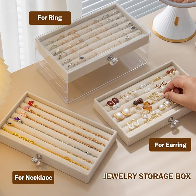 SPAKOWN Ring Box Display Holder, Clear Velvet Jewelry Storage Tray Organizer for Ring Stud Earring (Beige - 3 Drawers)