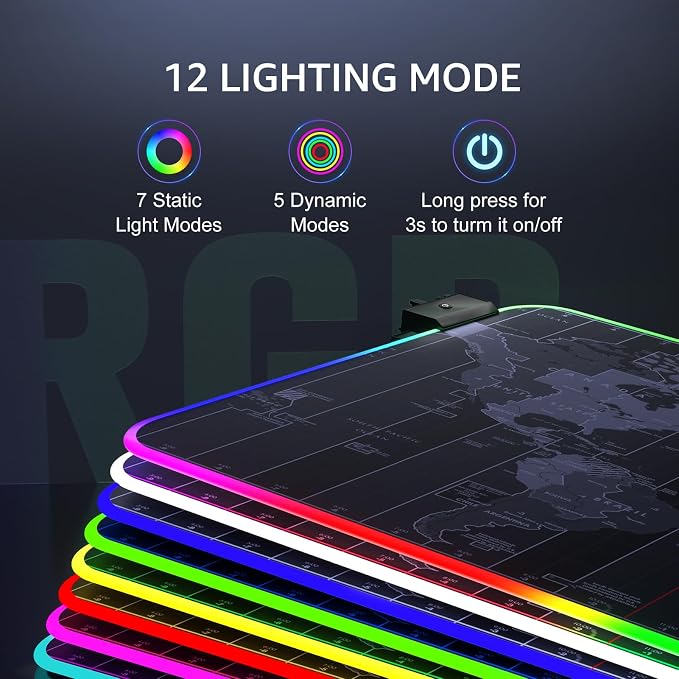 KTRIO RGB Large Gaming Mouse Pad, 31.5 x 15.7 in, RGB World Map, XXL | Smooth Micro-Weave Surface, RGB Lighting Design, Non-Slip Rubber Base, Durable Stitched Edges, Office & Home Use