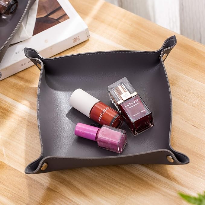 Leather Jewelry Valet Tray for Women and Man, Portable Entryway Table Tray Bedside Nightstand Desk Tray Small Catchall Travel Dish Plate for Key,Wallet,Watch,Coin (2PCs Grey-B)