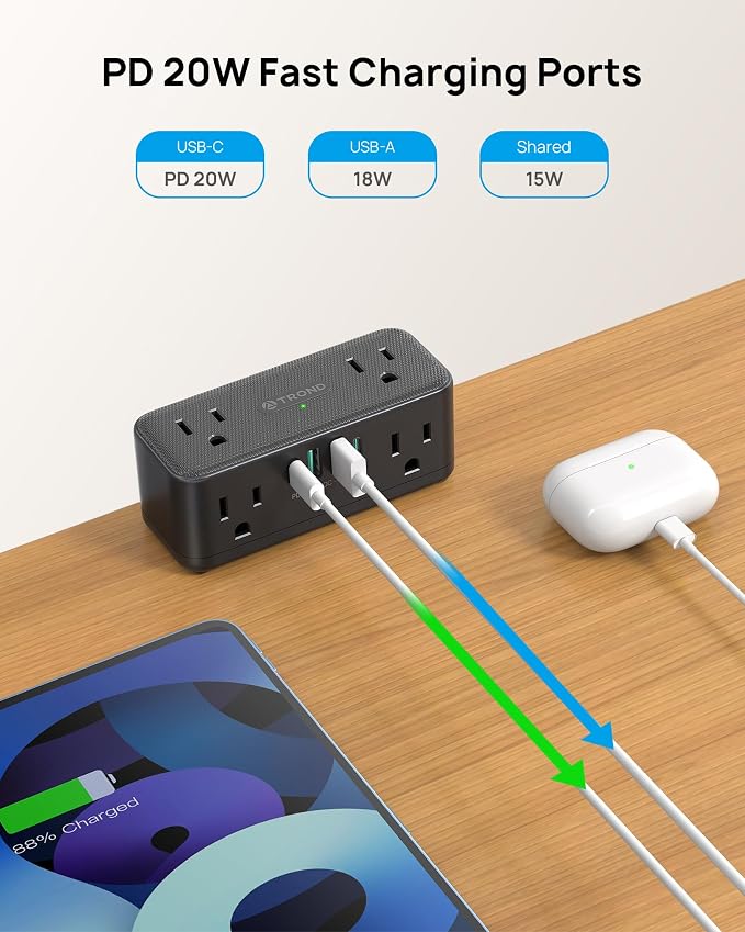 TROND Small Footprint Desk Clamp Power Strip with USB C PD 20W, Flat Plug Extension Cord Surge Protector 10ft, 6 Wide Space Outlets 4 USB, Fit 2.16" Tabletop Edge, Home Office Desk Accessories, Black