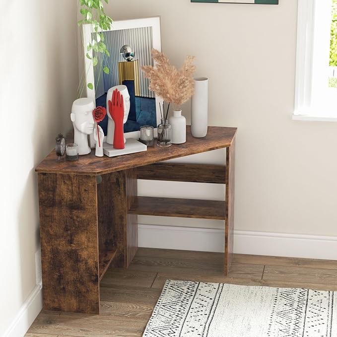 HOMGX Corner Computer Desk, Triangle Desk with Storage Shelves, Small Corner Desk for Small Spaces, Corner Vanity Desk for Home, Bedroom, Living Room, Office (Coffee)