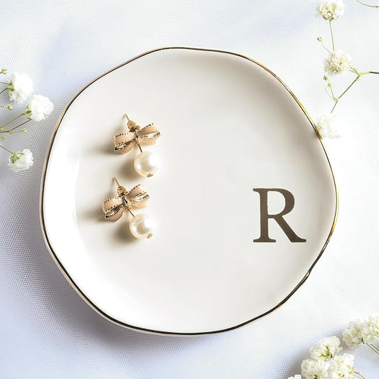 Ceramic Jewelry Tray Ring Dish Personalized A-Monogrammed Engagement Wedding Gifts, for Birthday Mother's Day for Women, Ceramic White 4.75"" (R)