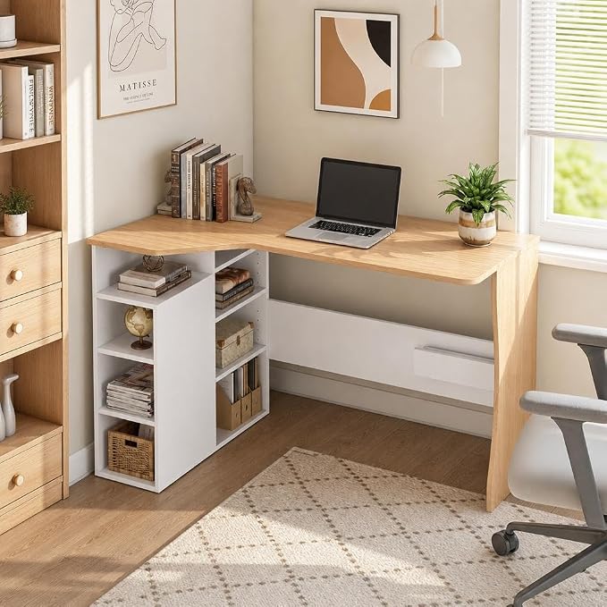 IDEALHOUSE L Shaped Desk for Small Spaces, Reversible Corner Desk with Storage Cabinet and 6 Adjustable Shelves, Wood Computer Desk for Home Office, Study, Writing, Gaming, Bedroom, Oak