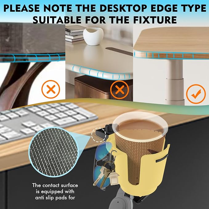Desk Cup Holder with Headphone Hanger, Clip on Cup Holders for Desks with Spill-Proof Cup Design, Easy to Install, Enough to Hold 8-28OZ Coffee Cups, Water Bottles. (Yellow, Large)