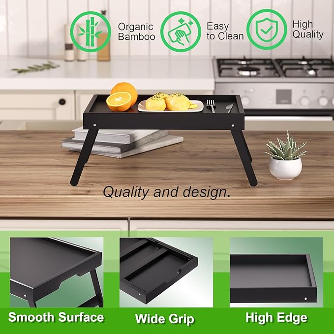 Fibogollo 4 Pack Bamboo Bed Tray Table with Folding Legs,Breakfast Trays,Serving Tray,Laptop Trays for Working,Food Snack Tray for Bed and Sofa(Black)