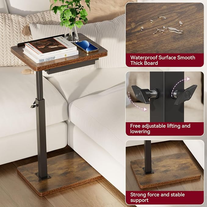IBUYKE C Shaped Side Table, Angle Adjustable, 360° Swivel Height Adjustable End Table for Small Spaces, for Phone Computer & Tablet, Modern Small Coffee Snack Table for Sofa/Bed, Brown UTVT004H